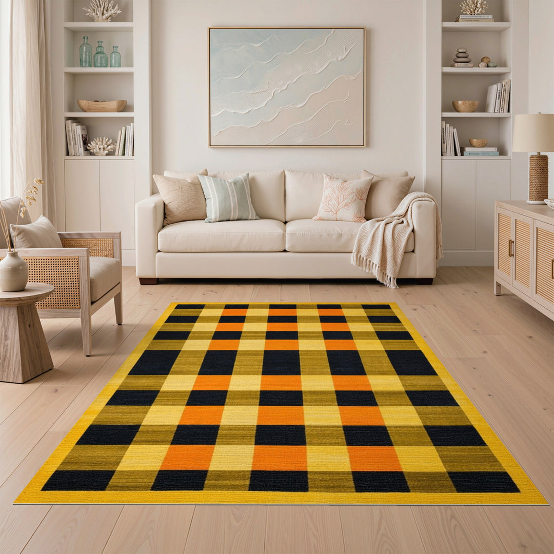 Yellow Checkered Geometric Area Rug