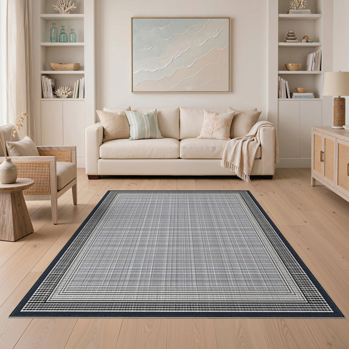 Black White Plaid Houndstooth Border Rug