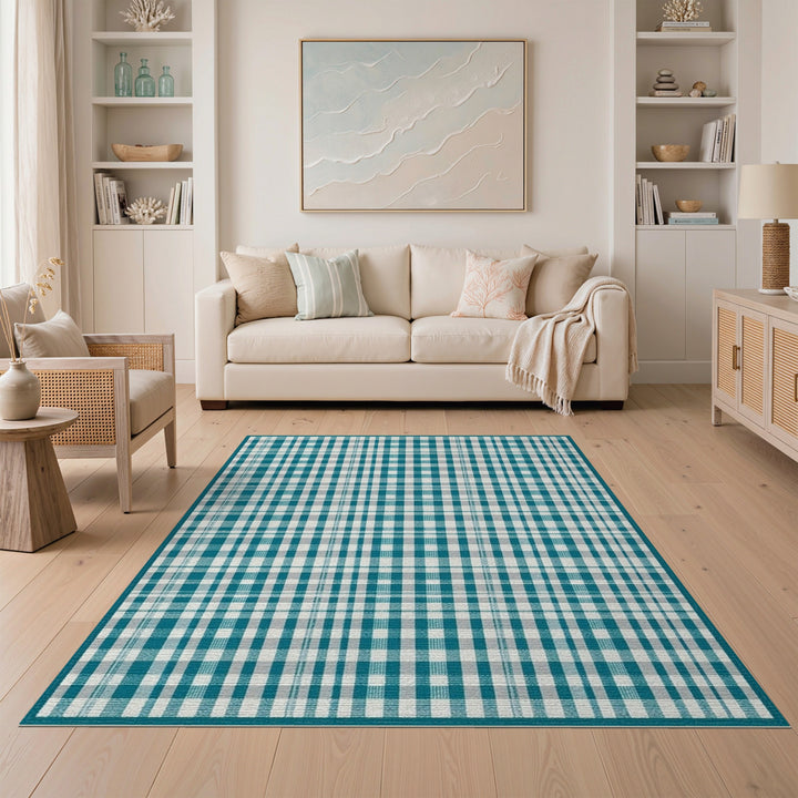 Blue Teal Checkered Washable Area Rug