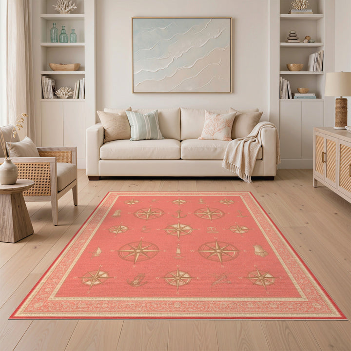 Red Nautical Compass Coastal Beach Area Rug