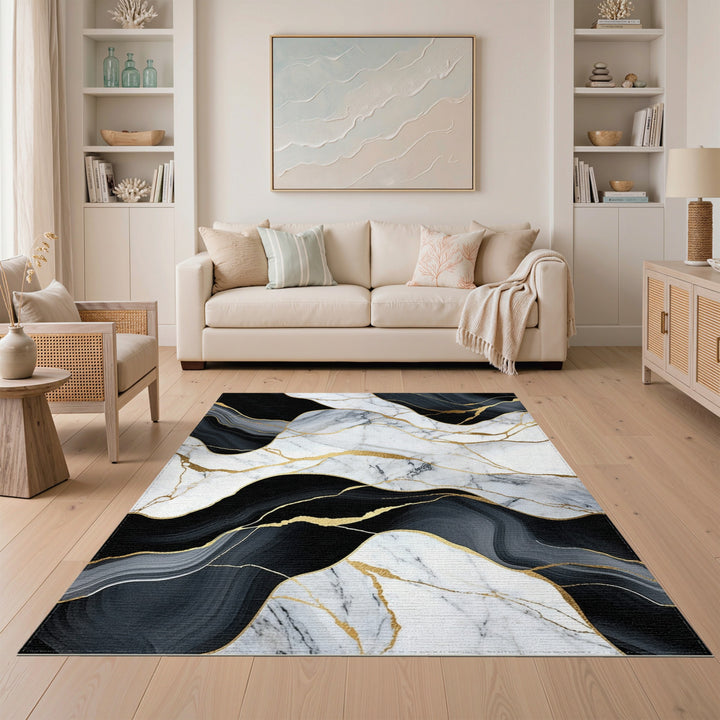 Black White Marble Gold Vein Abstract Area Rug