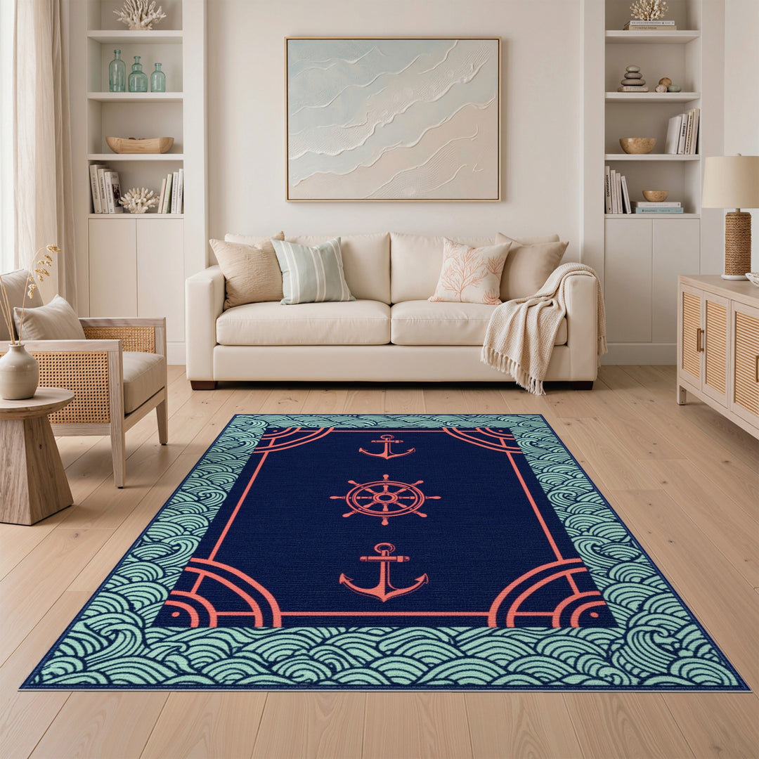 Blue Teal Nautical Anchor Ship Wheel Area Rug