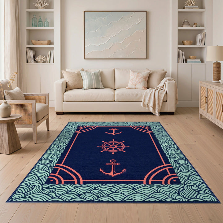 Blue Teal Nautical Anchor Ship Wheel Area Rug
