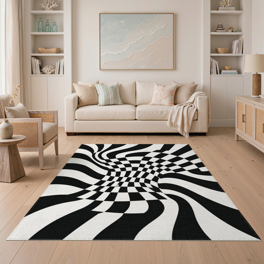 Black White Vortex Checkered Area Rug