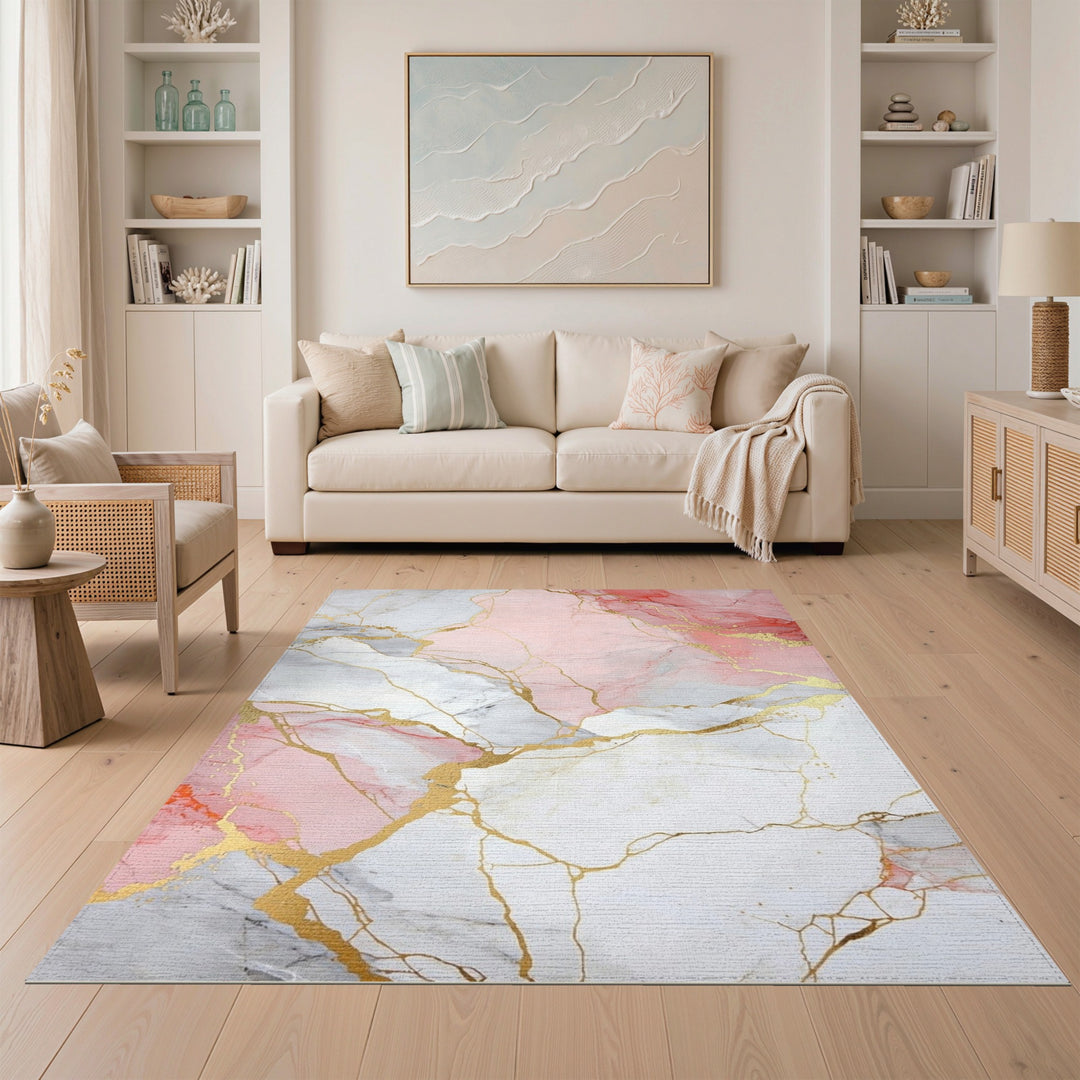 Pink Marble Gold Vein Washable Pink Area Rug
