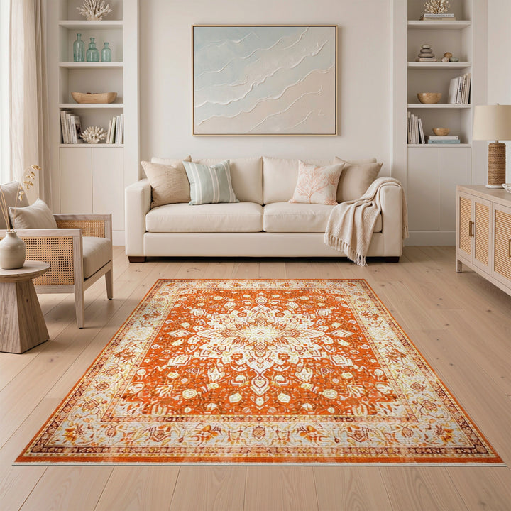 Orange Medallion Distressed Vintage Area Rug