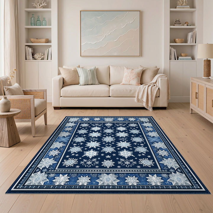 Geometric Modern Navy Blue Snowflake Geometric Area Rug