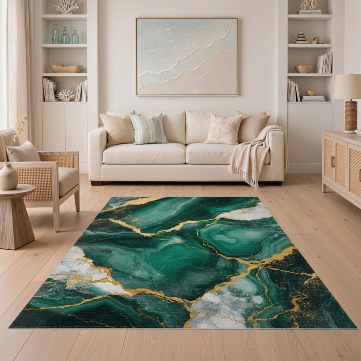 Emerald Green Marble Gold Area Rug