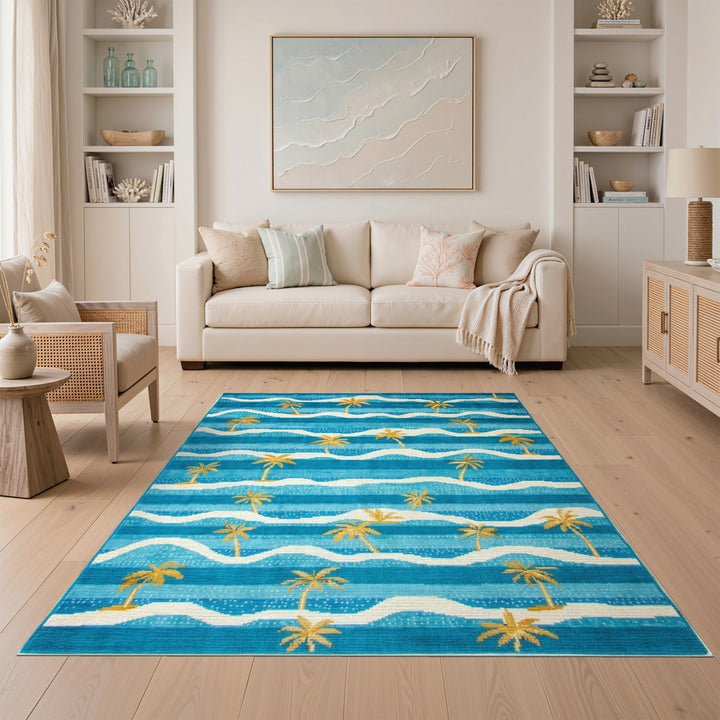 Blue and Teal Blue Teal Palm Wave Coastal Area Rug