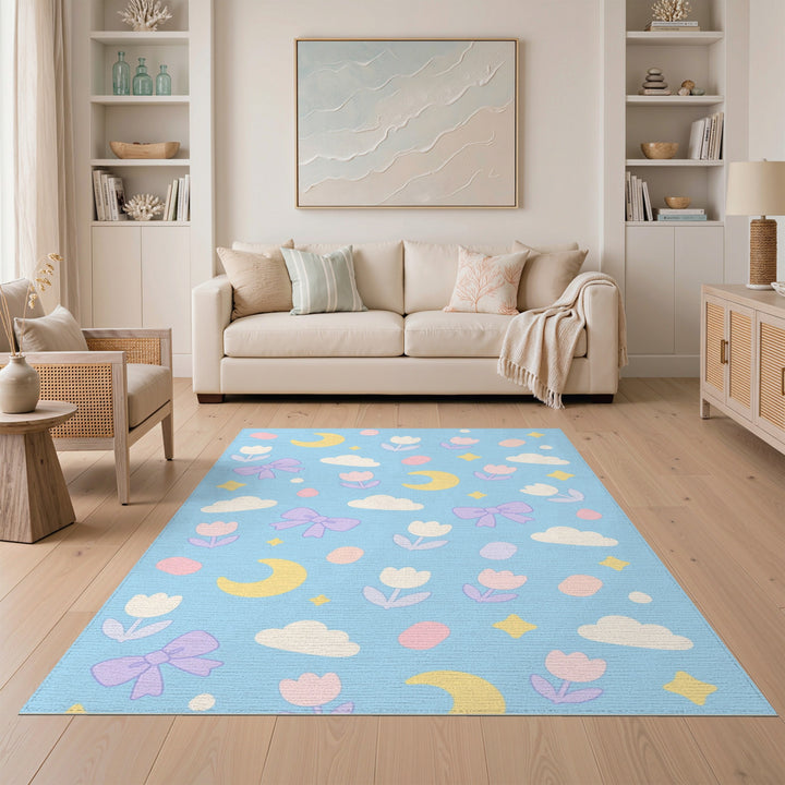 Blue Pastel Bow Moon Tulip Kids Area Rug