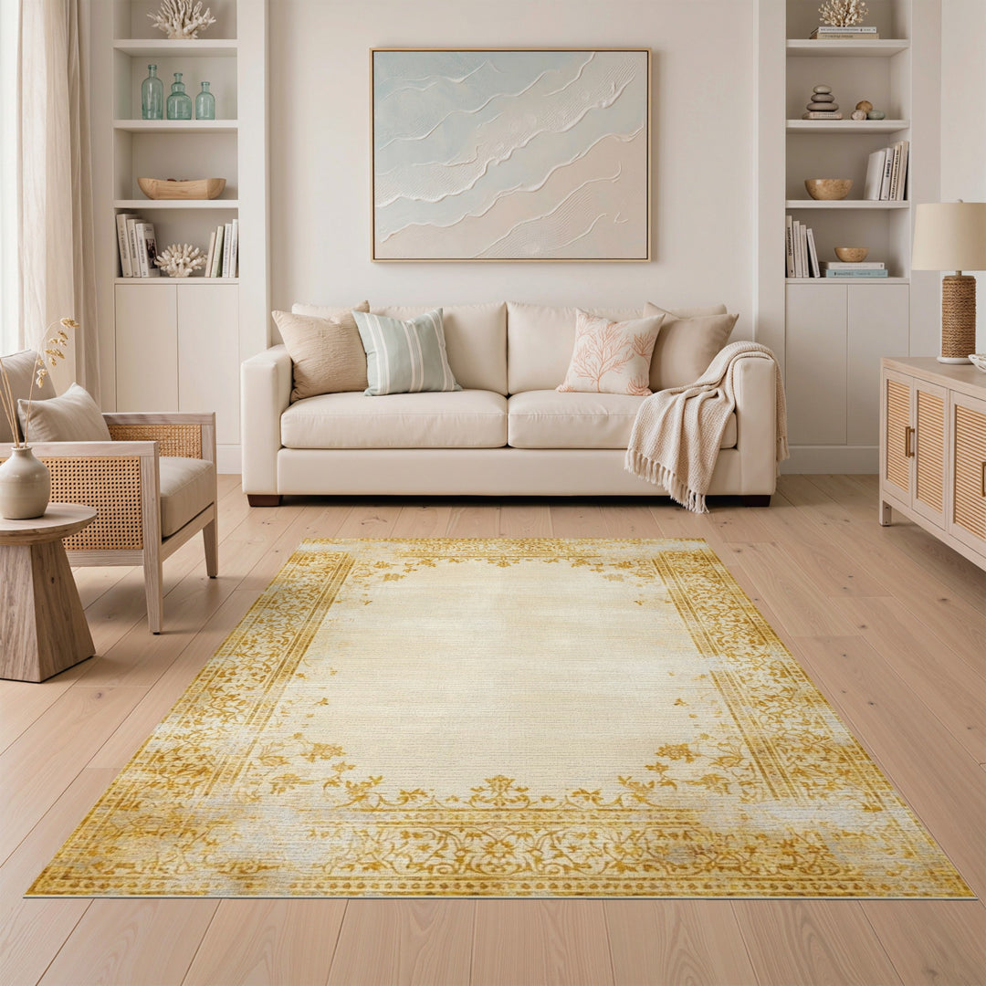 Beige and Neutral Beige Distressed Vintage Floral Area Rug