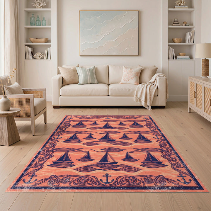Orange Coastal Sailboat Area Rug