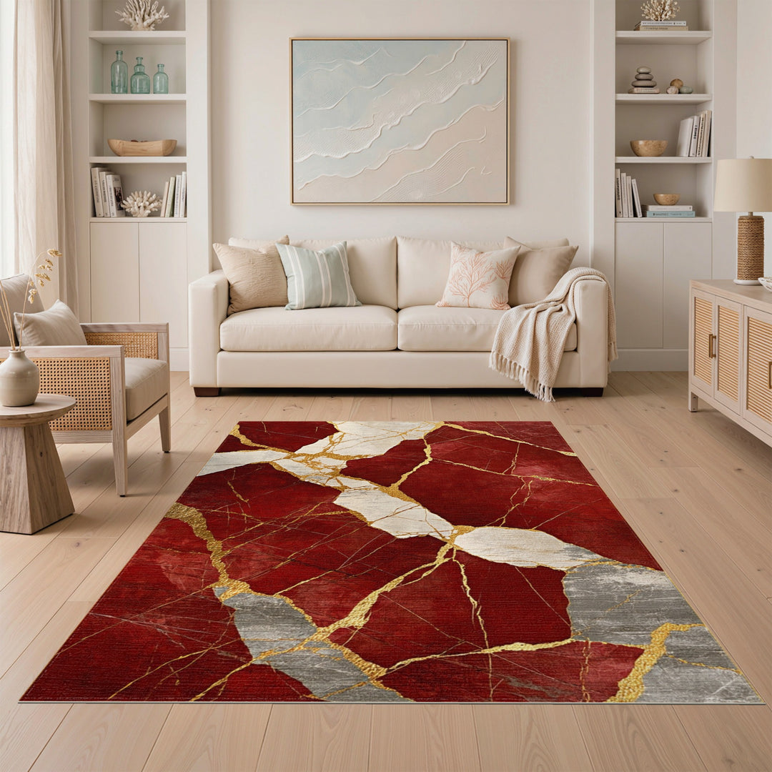 Red Marble Gold Vein Red Area Rug