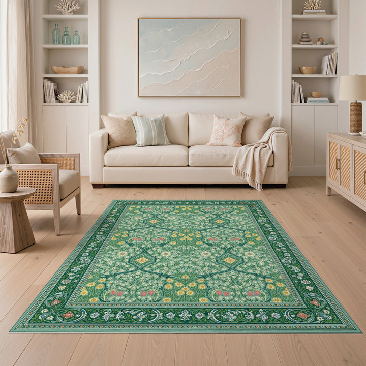 Green Floral Vintage Area Rug