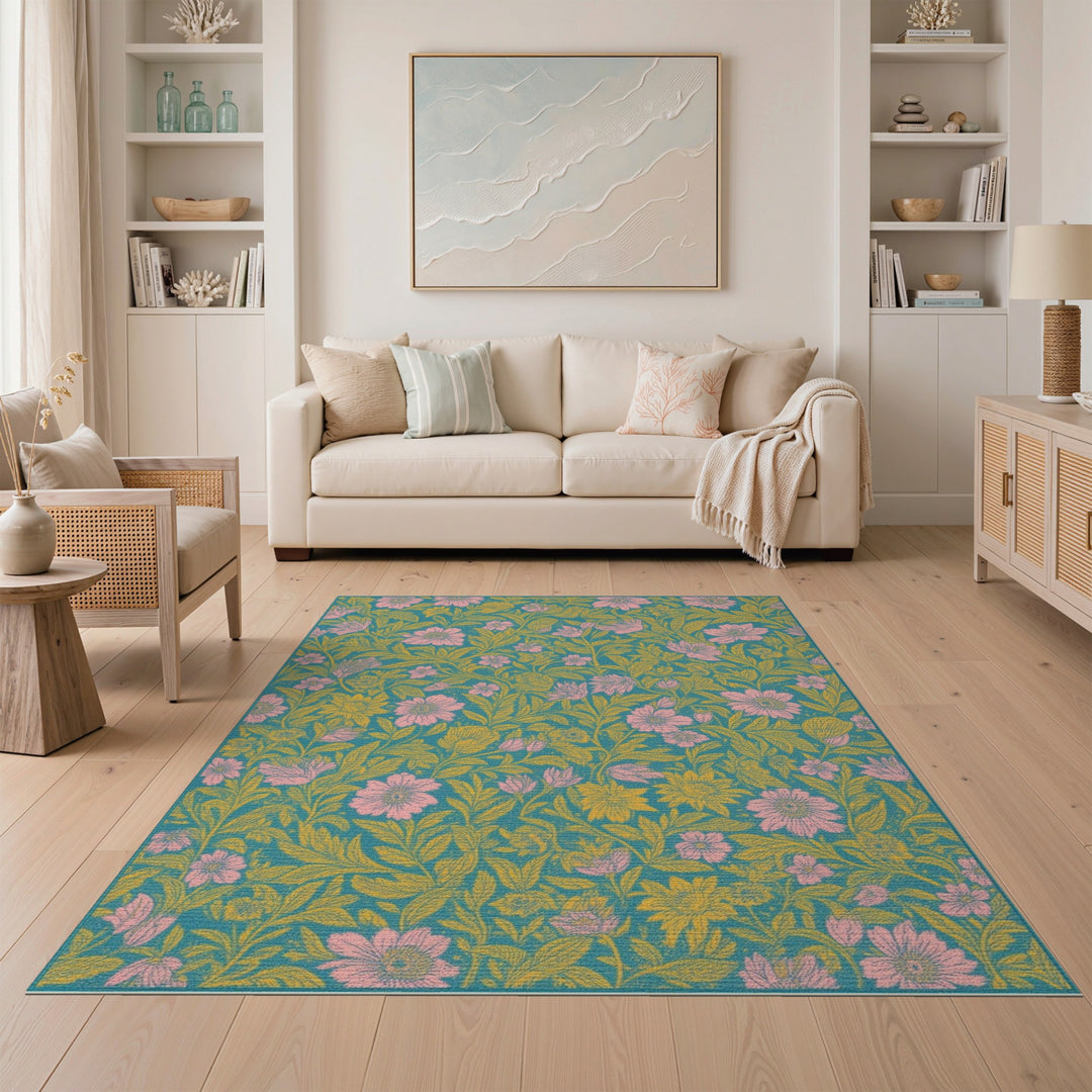 Teal Vintage Floral Washable Area Rug