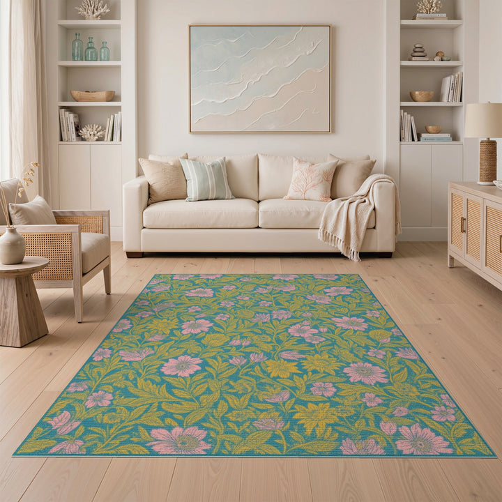 Teal Vintage Floral Washable Area Rug