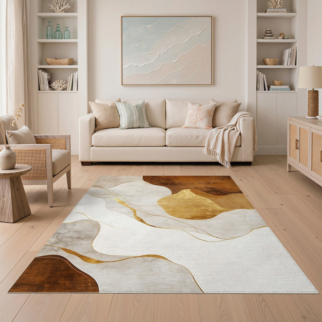 Abstract Beige Gold Flow Area Rug