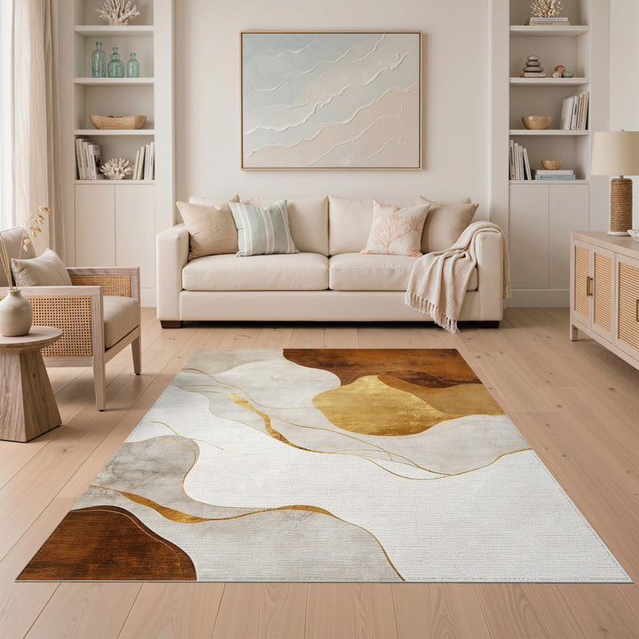 Abstract Beige Gold Flow Area Rug