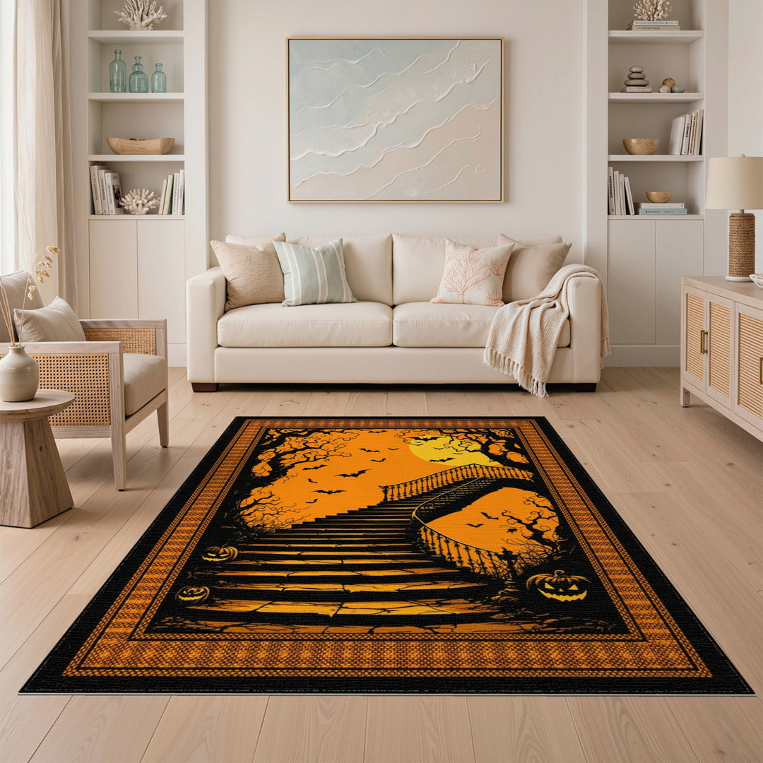 Orange Halloween Staircase Washable Area Rug
