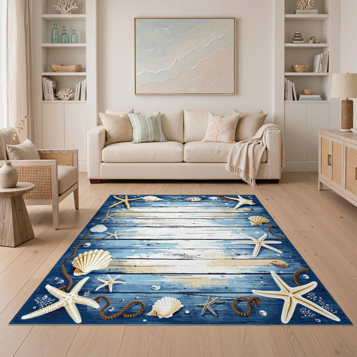 Blue and Teal Coastal Blue Starfish Seashell Area Rug
