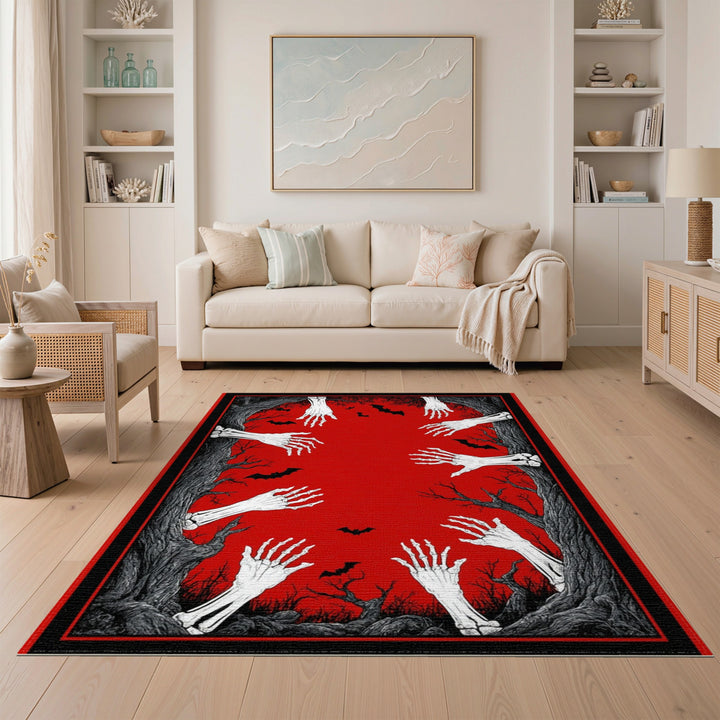 Spooky Skeleton Hands Red Area Rug