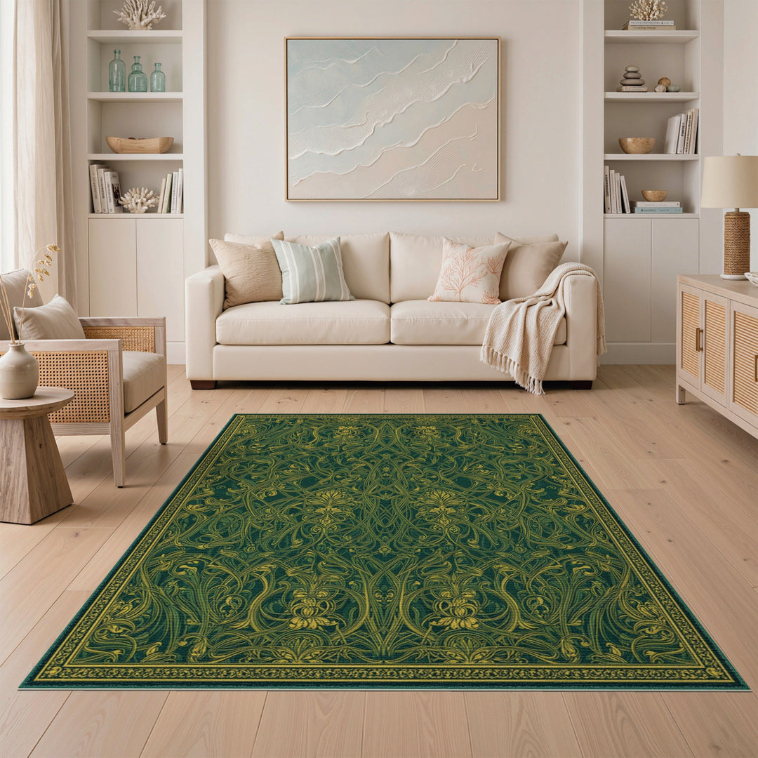 Green Ornate Green Gold Floral Vintage Area Rug