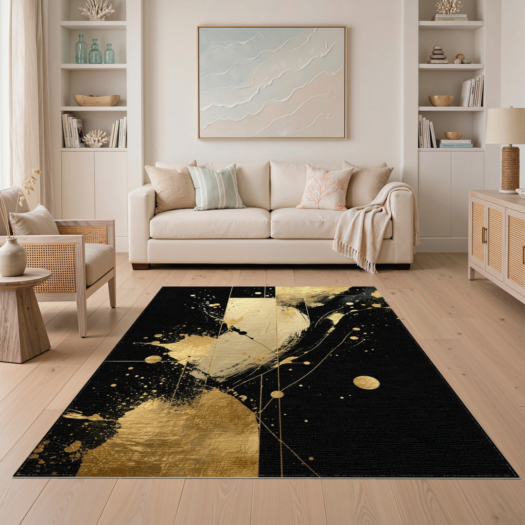 Black Gold Abstract Washable Area Rug