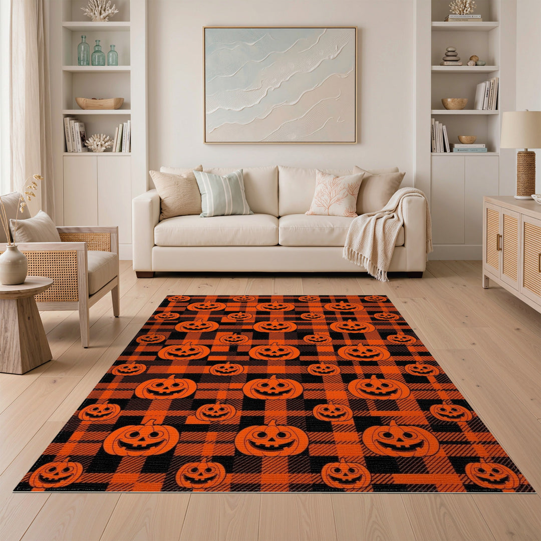 Kids Cartoon Orange Pumpkin Plaid Area Rug
