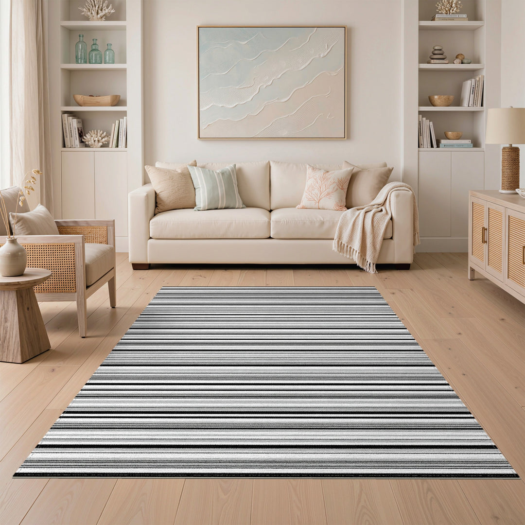 Black White Horizontal Stripe Geometric Area Rug
