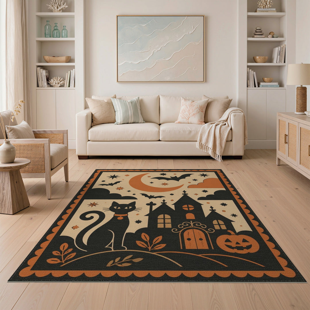 Orange Vintage Black Cat Halloween Area Rug