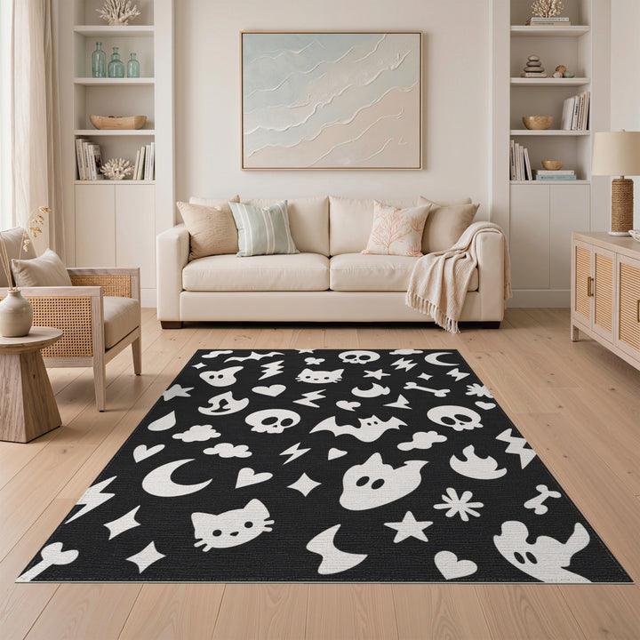 Spooky Halloween Black White Washable Area Rug