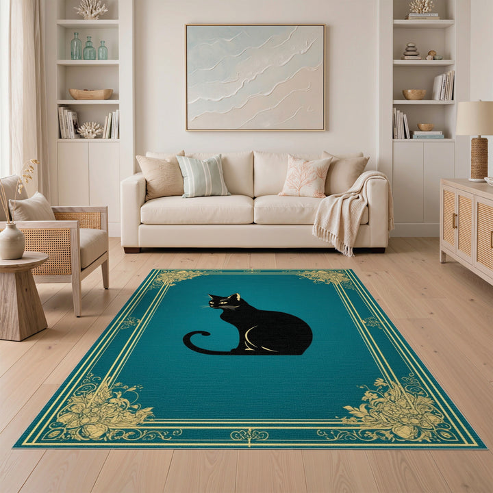 Black Cat Teal Floral Vintage Area Rug