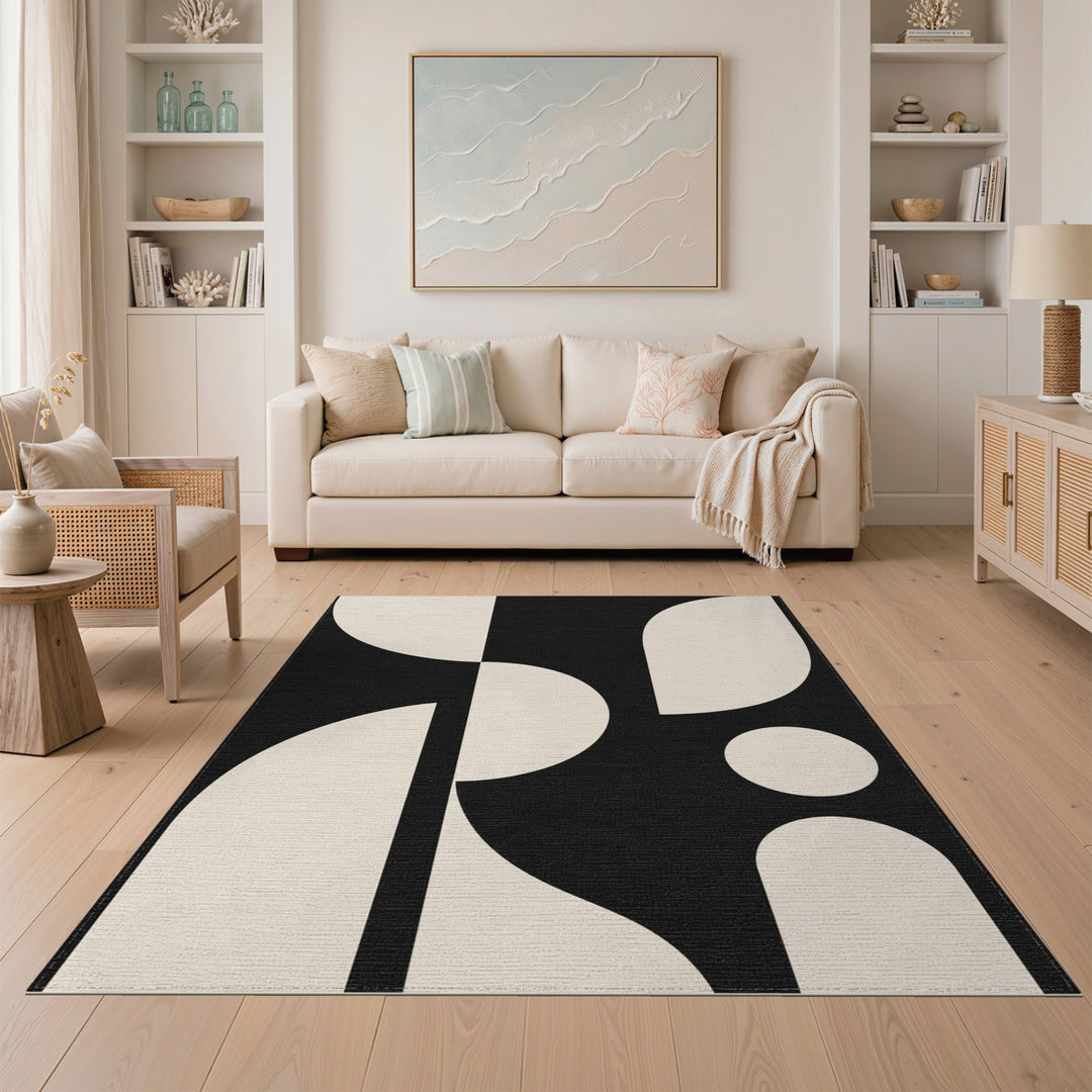 Black and White Black Beige Geometric Modern Area Rug