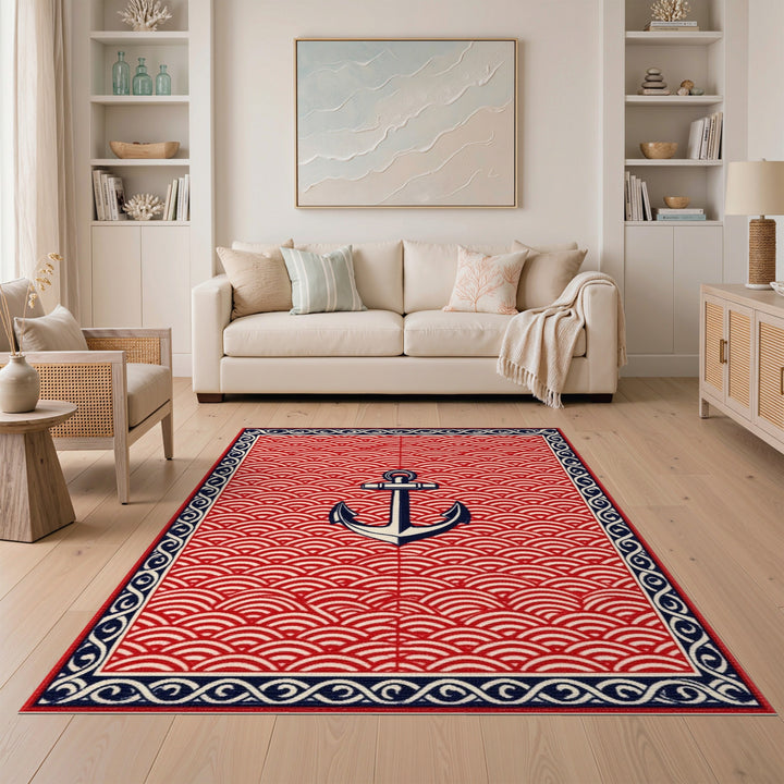 Coastal Beach Red Anchor Nautical Area Rug