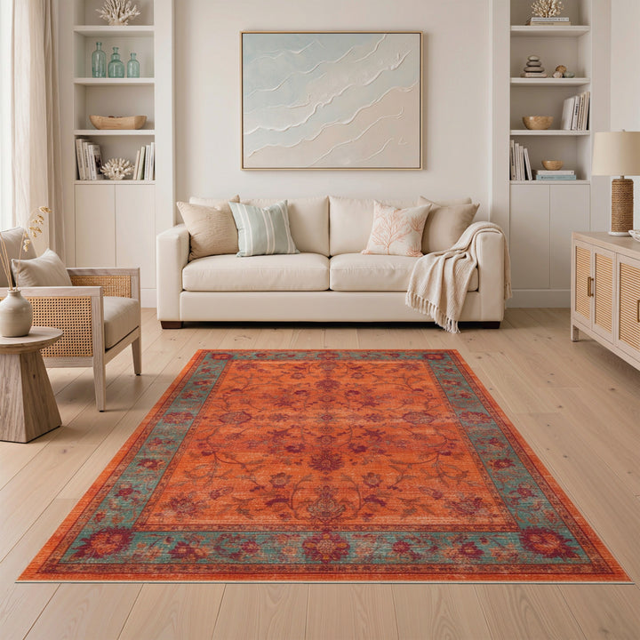Orange Floral Vintage Area Rug