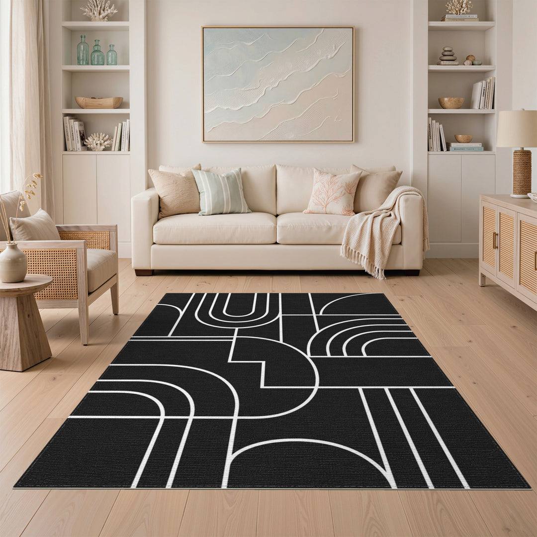 Black White Geometric Abstract Area Rug