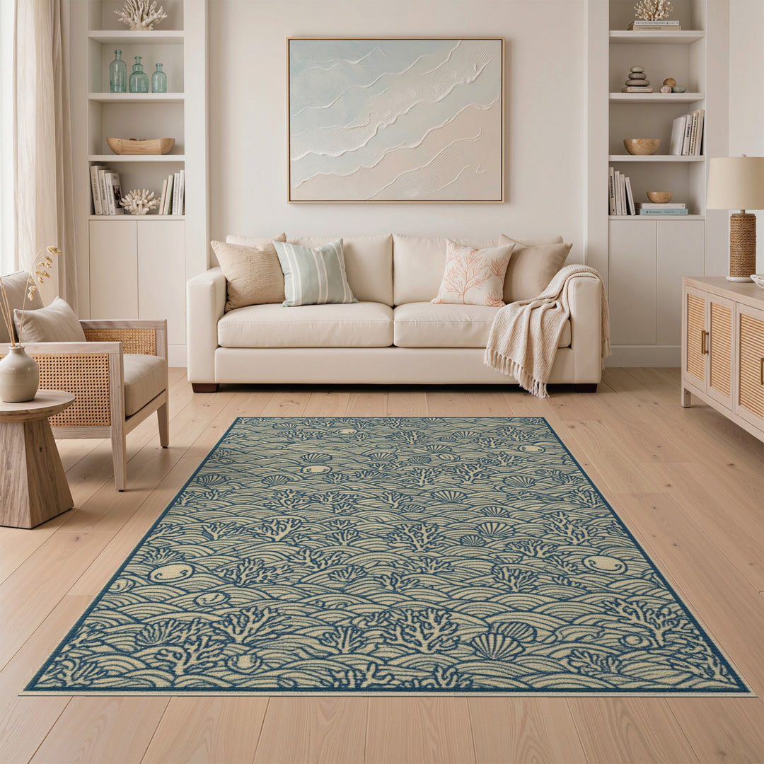 Coastal Beach Blue Coastal Waves Seashell Area Rug