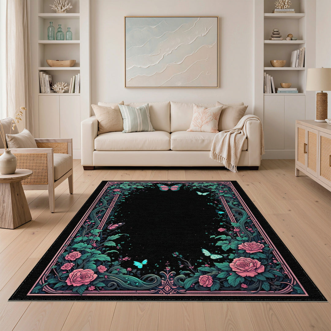 Pink Rose Butterfly Floral Vintage Area Rug