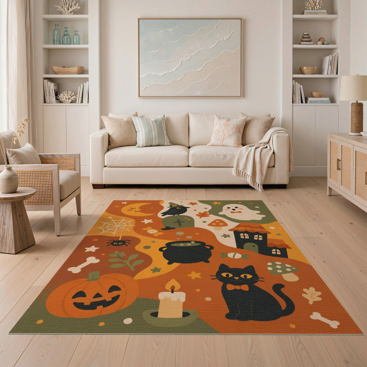 Multi-color and Patterns Halloween Black Cat Kids Cartoon Area Rug