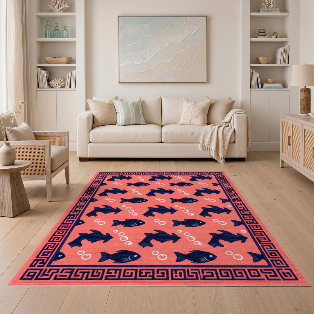 Coral Red Fish Area Rug with Navy Border