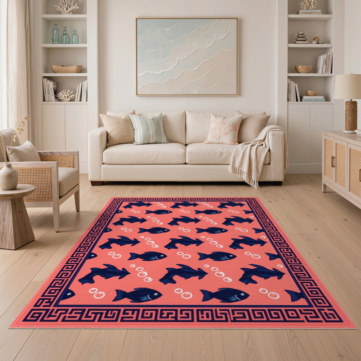 Coral Red Fish Area Rug with Navy Border