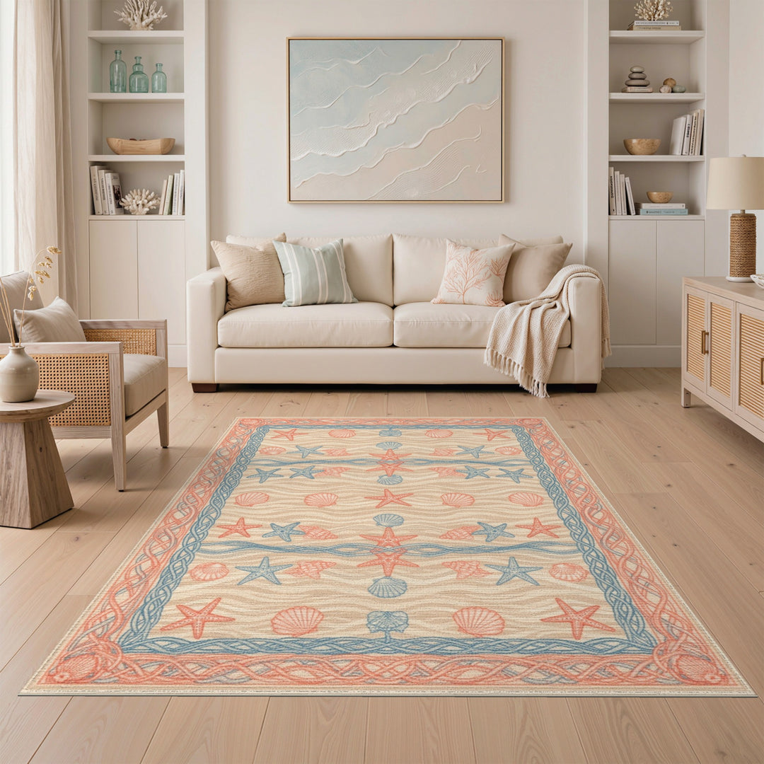Coastal Beach Blue and Teal Coastal Starfish Seashell Area Rug
