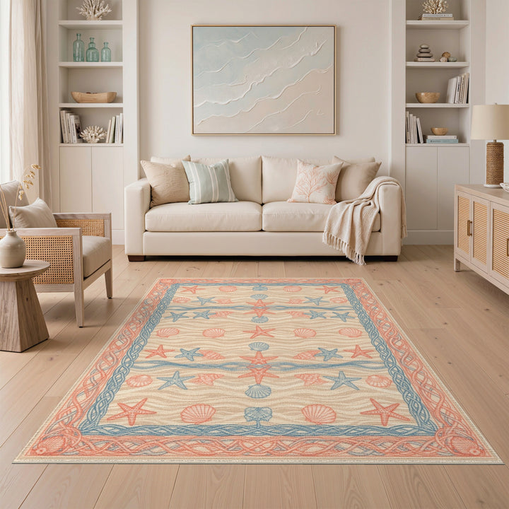 Coastal Beach Blue and Teal Coastal Starfish Seashell Area Rug