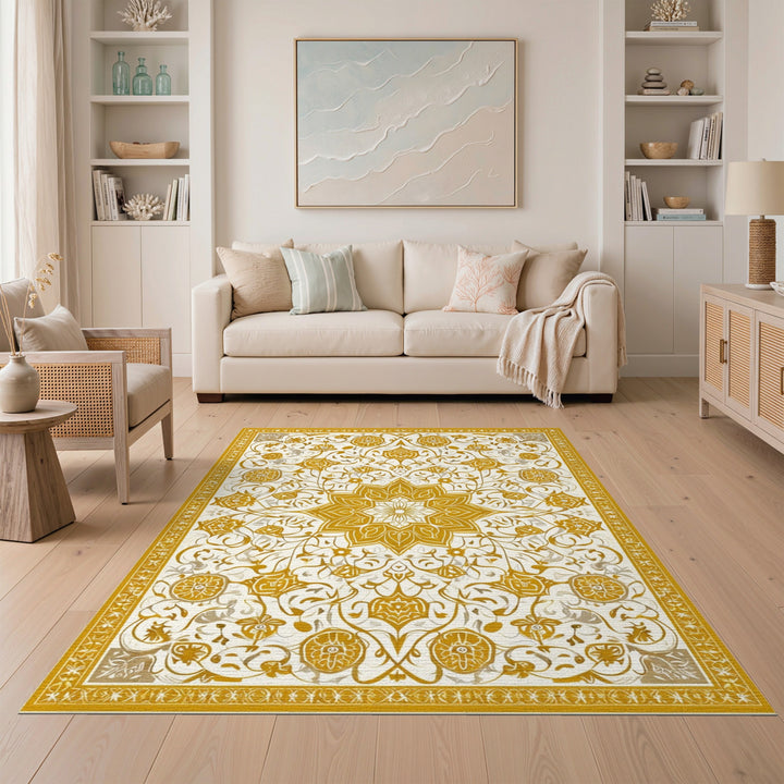 Gold and Silver Gold Floral Medallion Vintage Area Rug