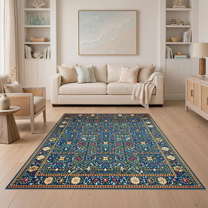 Blue and Teal Blue Traditional Persian Floral Area Rug