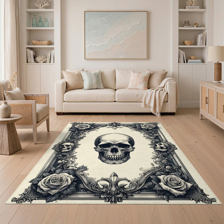 Distressed Vintage Skull Roses Black White Area Rug
