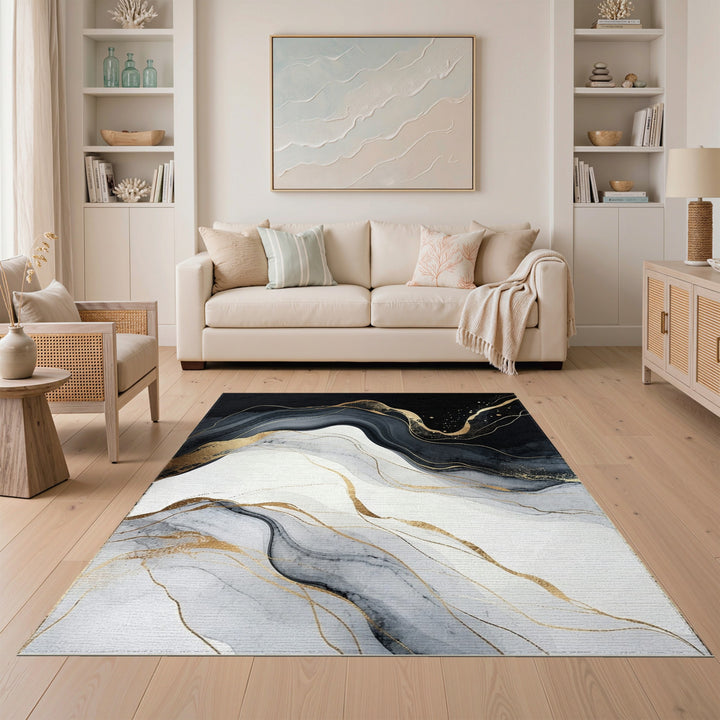 Black and White Black White Abstract Gold Wave Area Rug