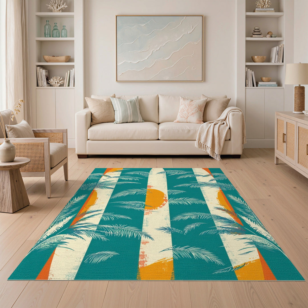 Coastal Surfboard Palm Washable Area Rug
