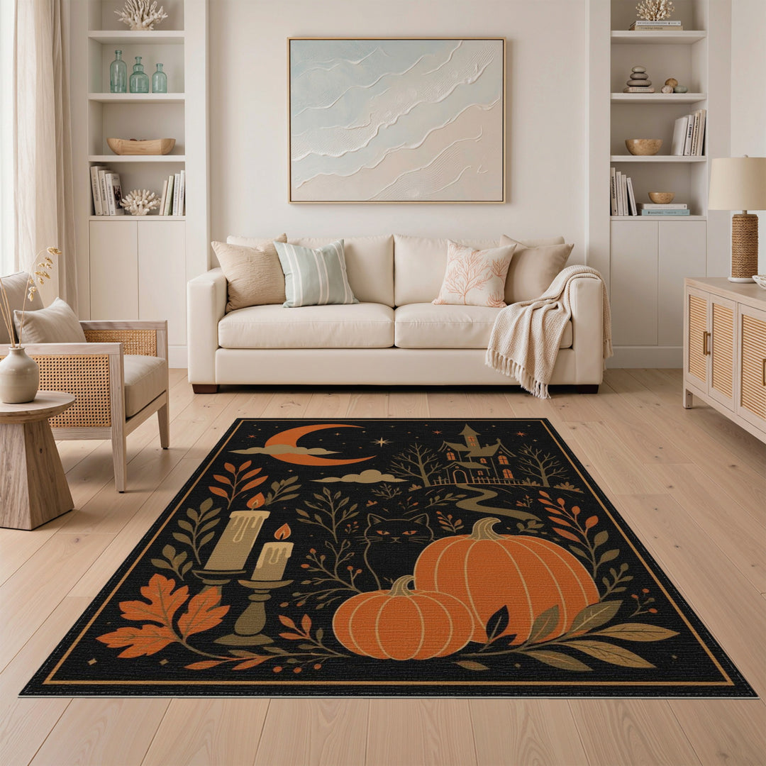 Haunted House Black Cat Pumpkin Area Rug