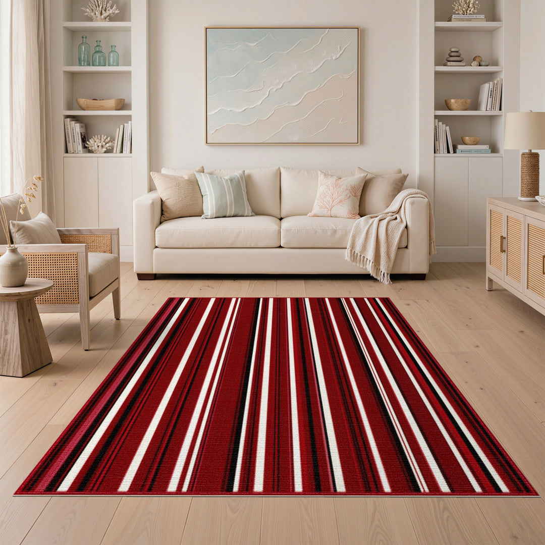 Bold Red Striped Washable Area Rug